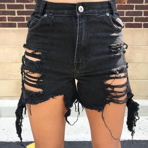 Black Denim Distressed Shorts